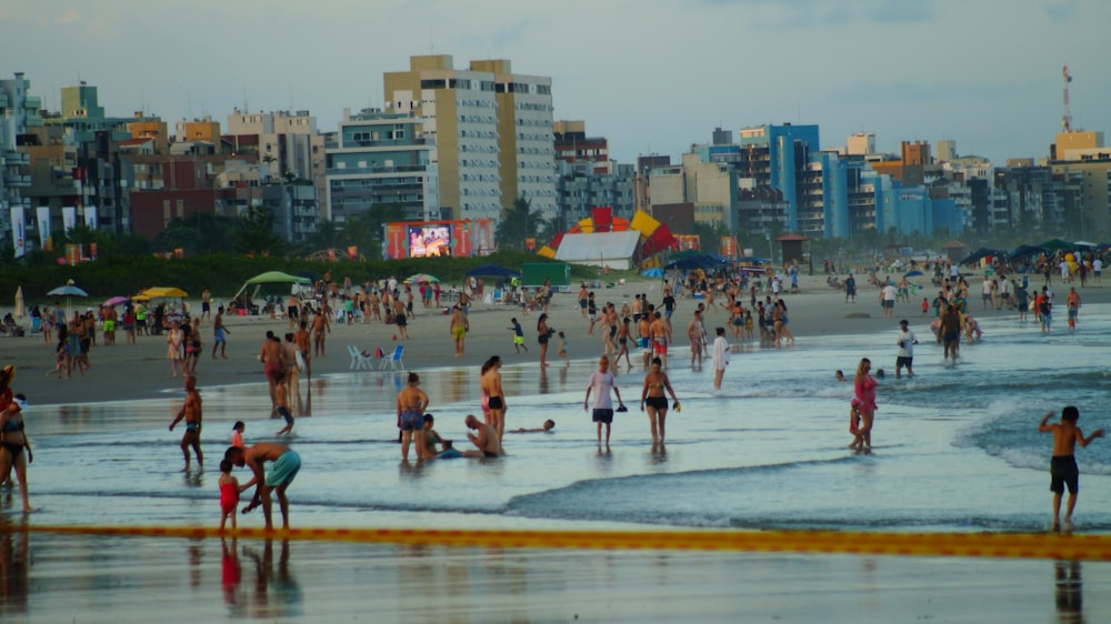 a large group of people are on the beach