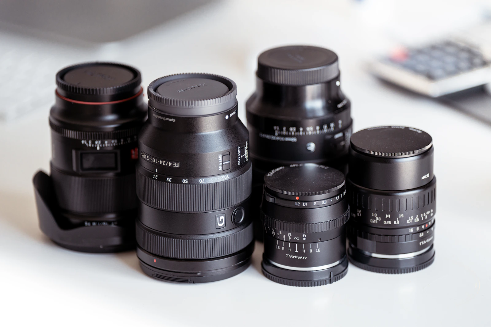 Camera lenses arranged in a professional studio gear setup