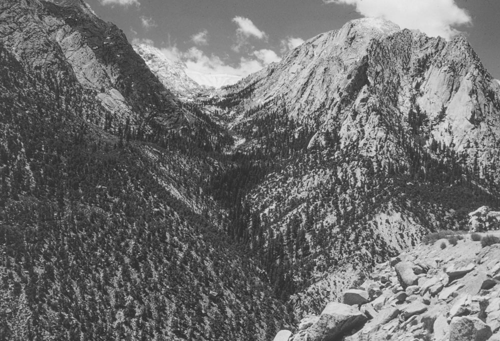 a black and white photo of a mountain range