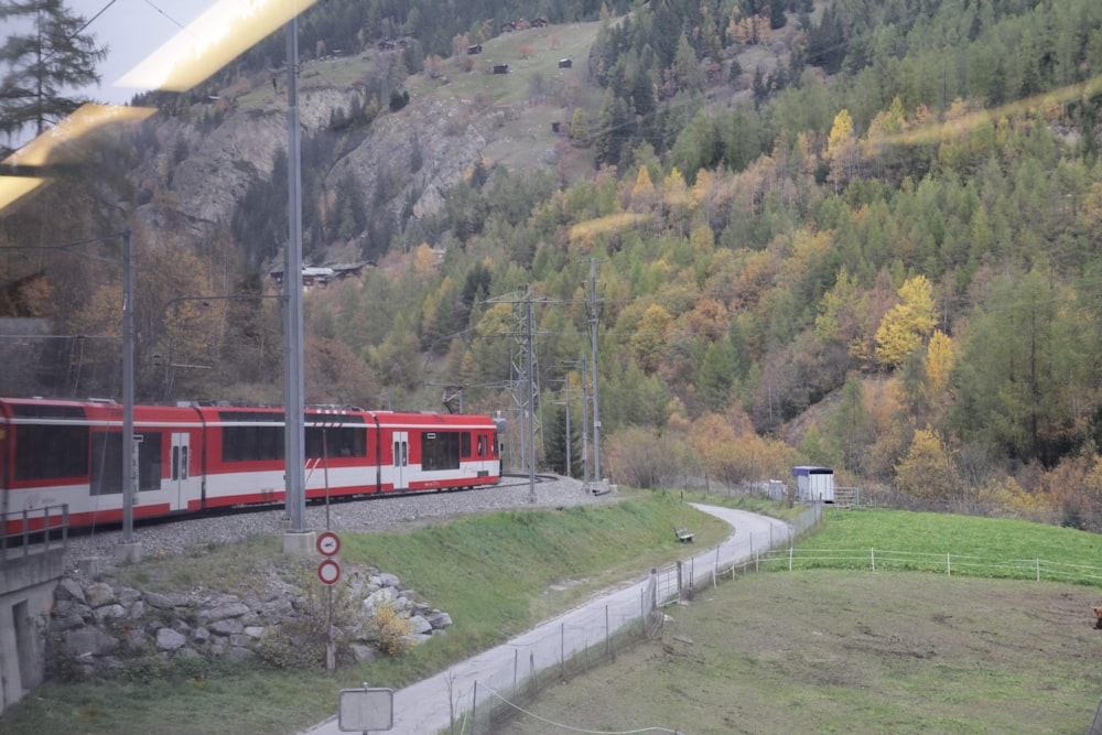 a red train traveling past a lush green hillside