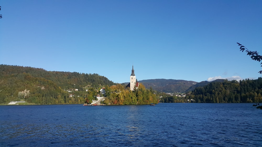 a large body of water with a church on top of it