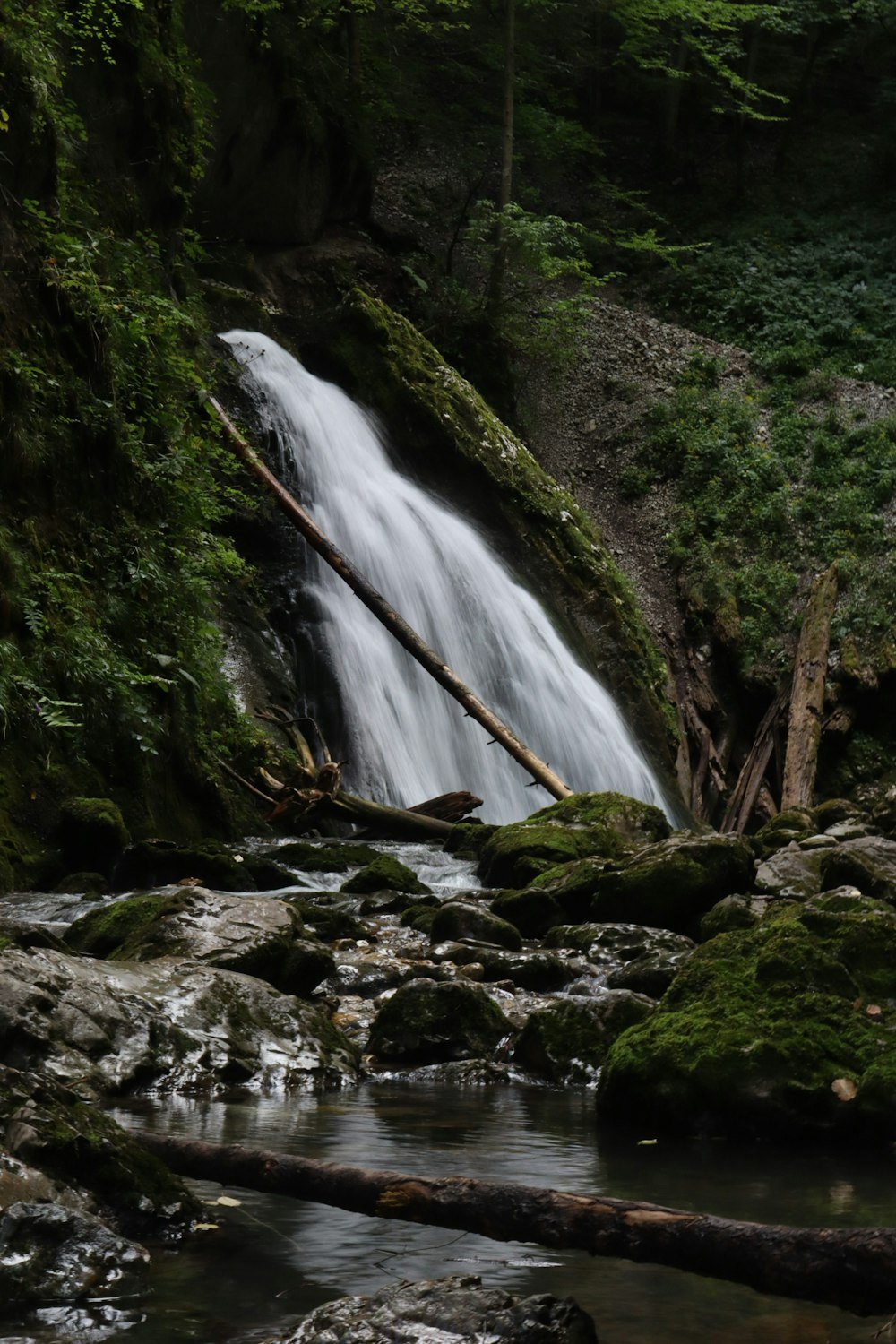 a small waterfall in the middle of a forest