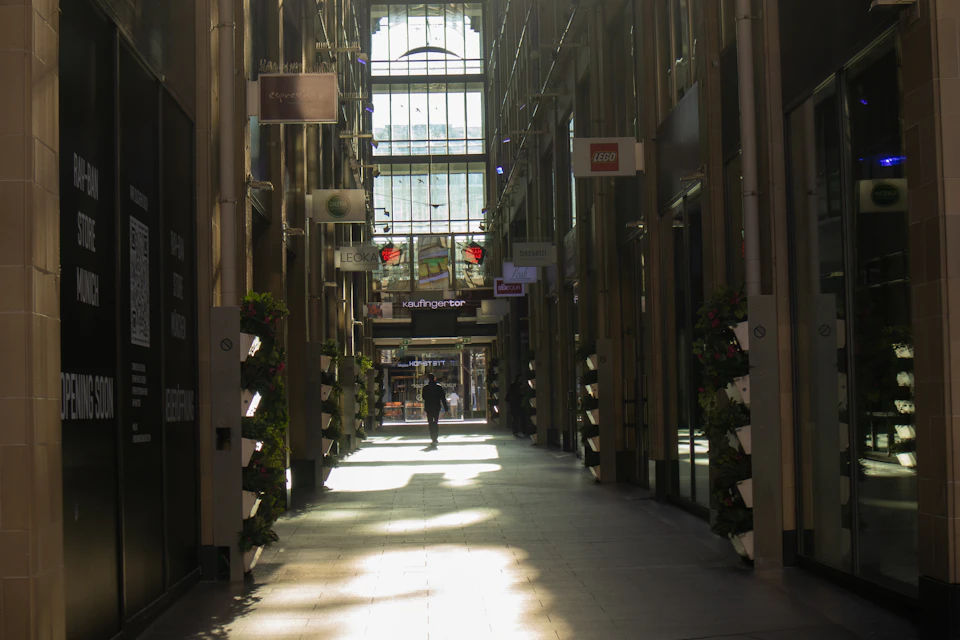 Long, narrow hallway with tall windows and potted plants along both sides