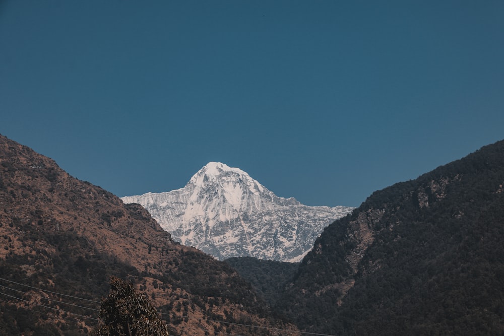 a view of a snow covered mountain from a distance