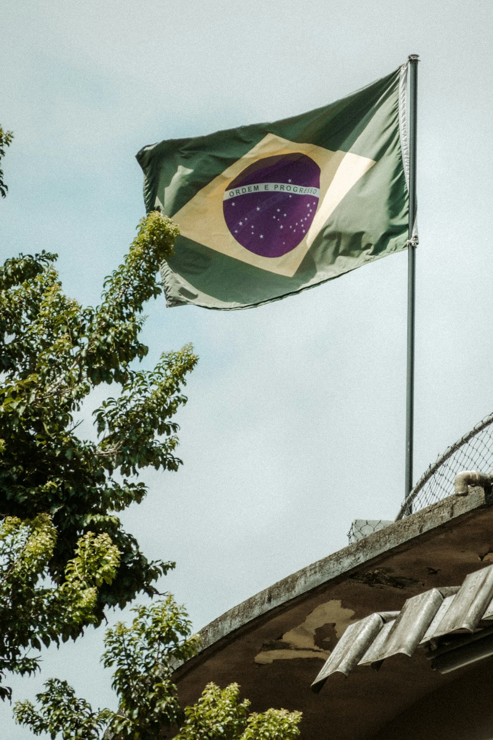 a flag flying on top of a building next to a tree