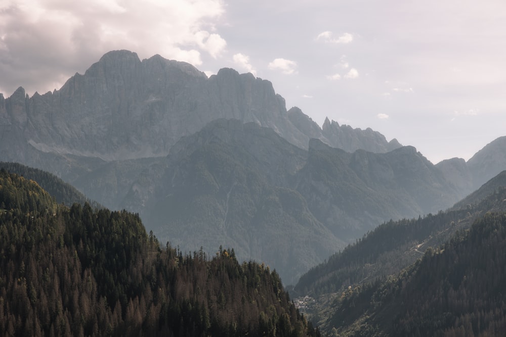 a view of a mountain range with trees in the foreground