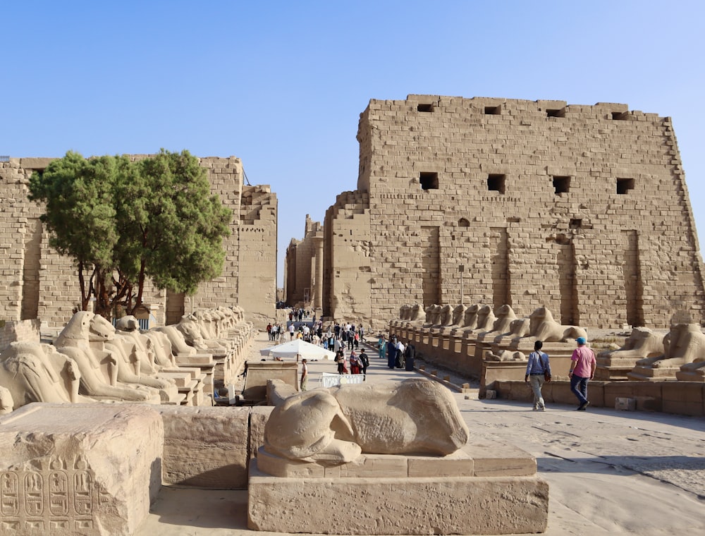 a group of people walking around an ancient city