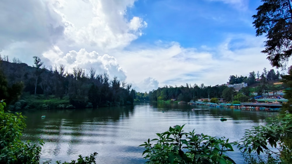 a body of water surrounded by trees and clouds