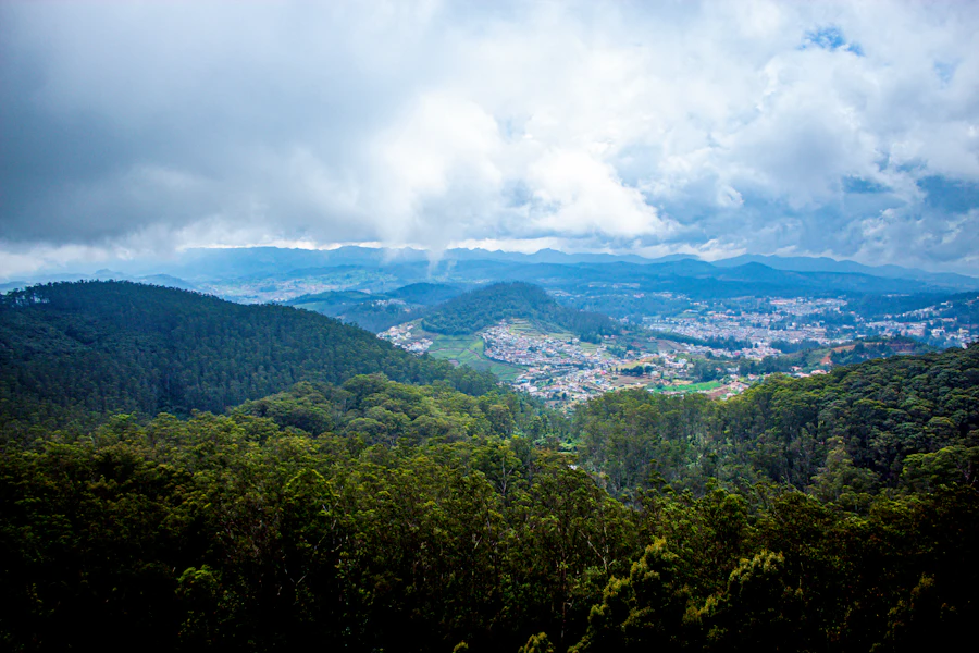 View from Doddabetta Peak at dawn, cloud filling the valleys below, successive blue ridges of the Western Ghats receding to the horizon