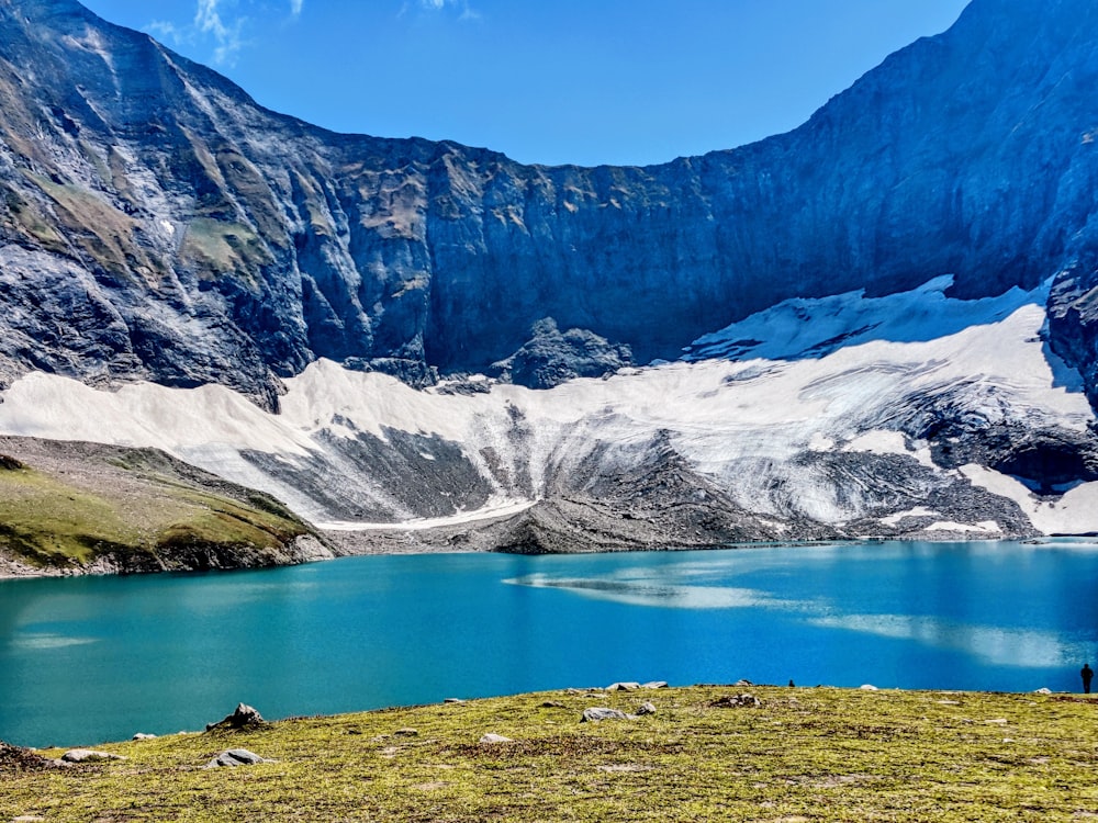 a mountain lake surrounded by snow covered mountains