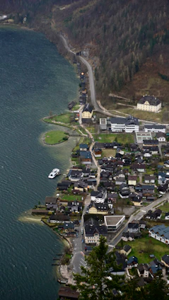 an aerial view of a town by the water