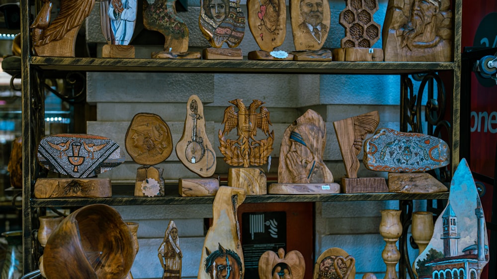 a display case filled with lots of wooden items