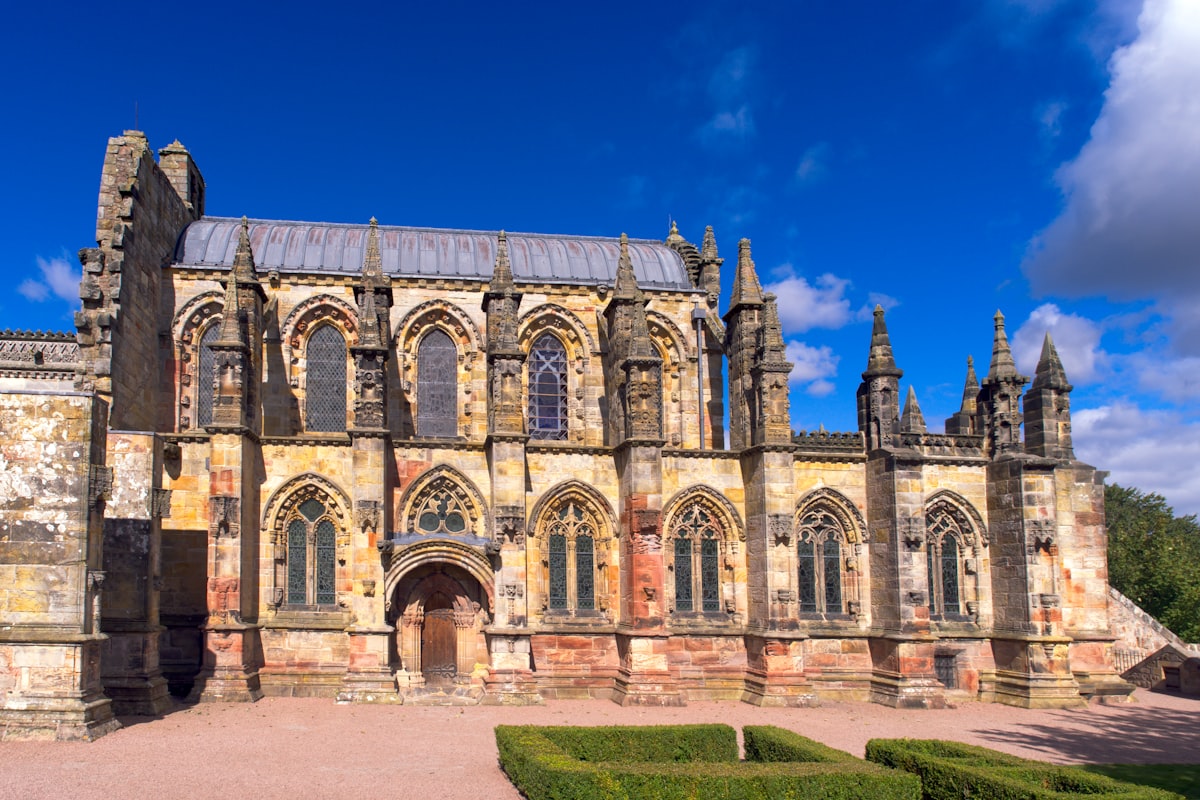 The ornately carved interior stonework of Rosslyn Chapel near Roslin in Midlothian