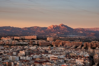 a view of a city with mountains in the background