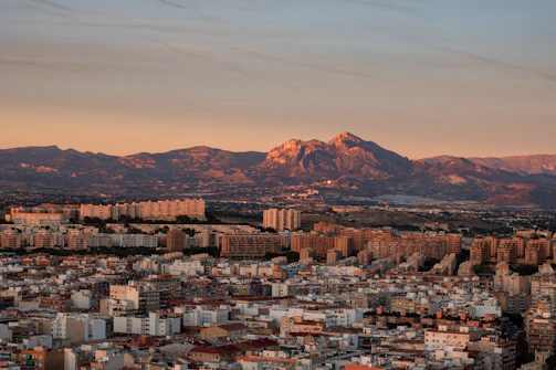 a view of a city with mountains in the background