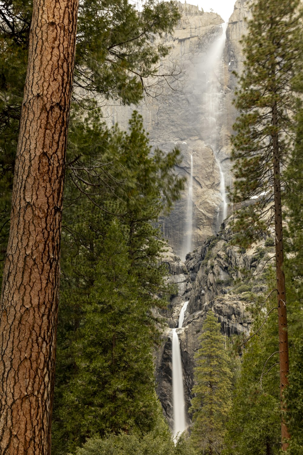 a tall waterfall in the middle of a forest