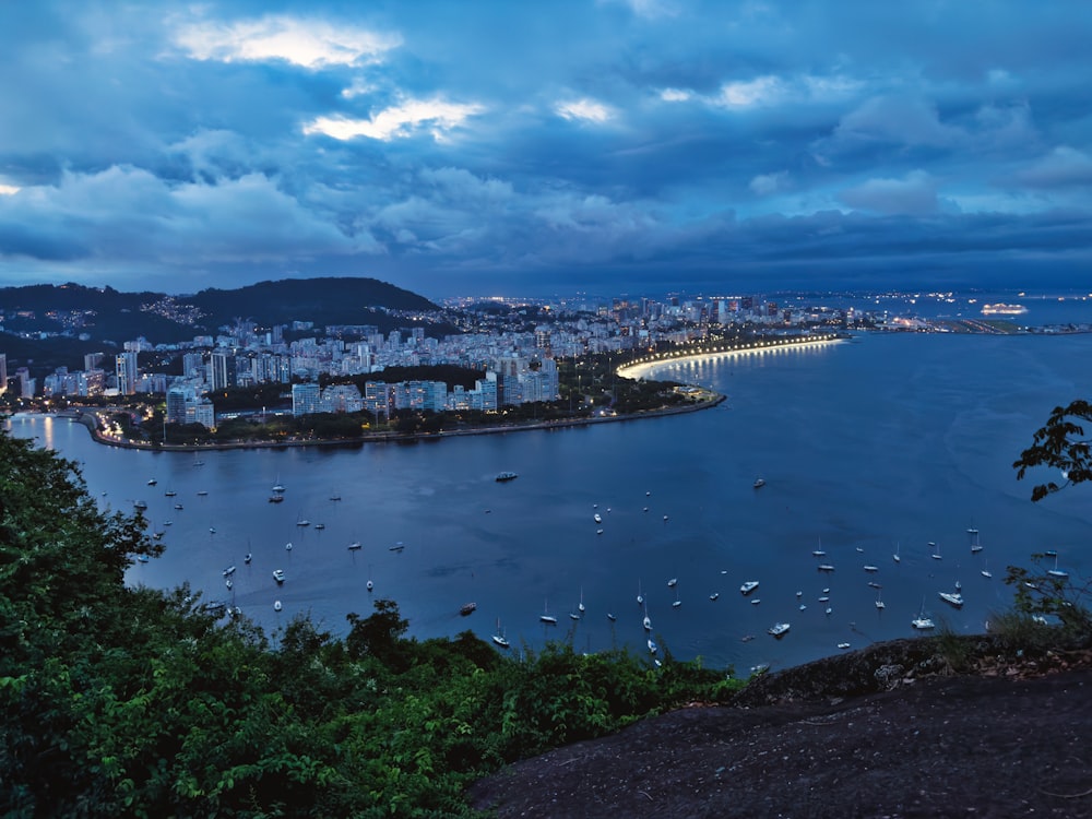 a large body of water with a city in the background