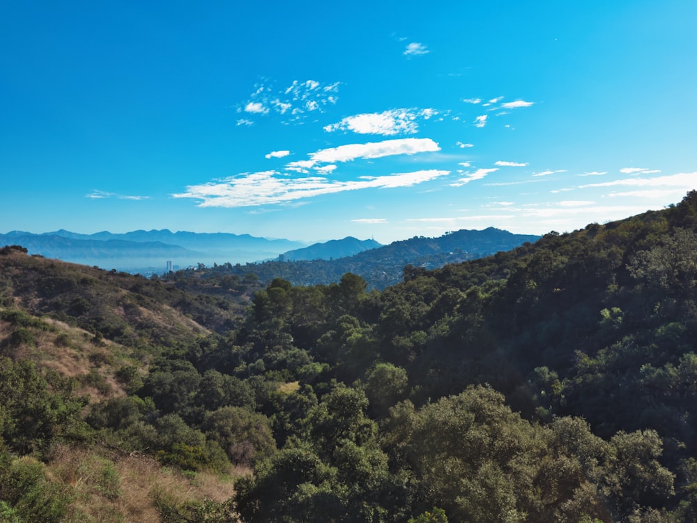 a view of a mountain range with trees and mountains in the background