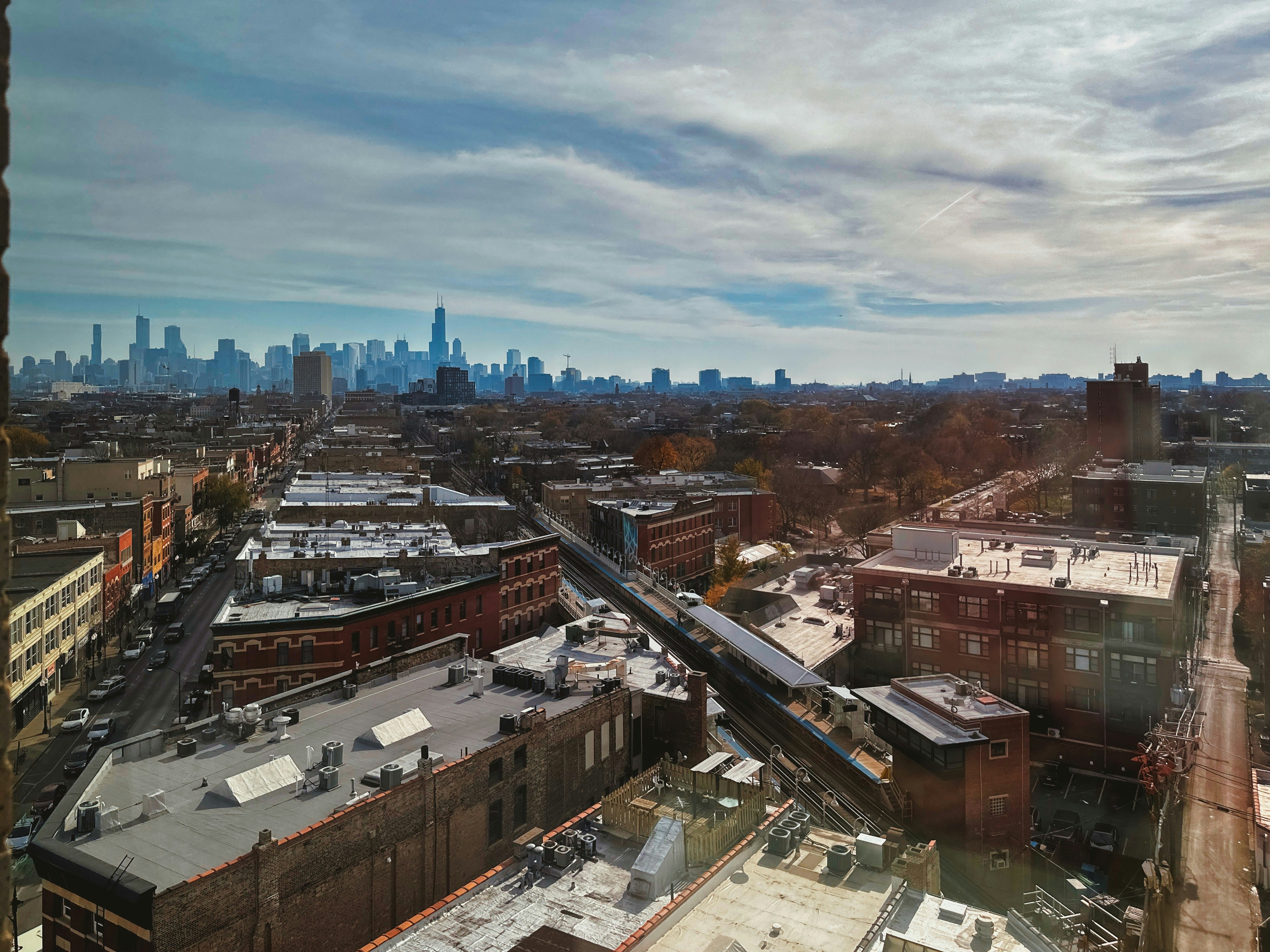 a view of a city from a tall building, 