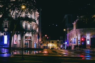 a city street at night with traffic lights