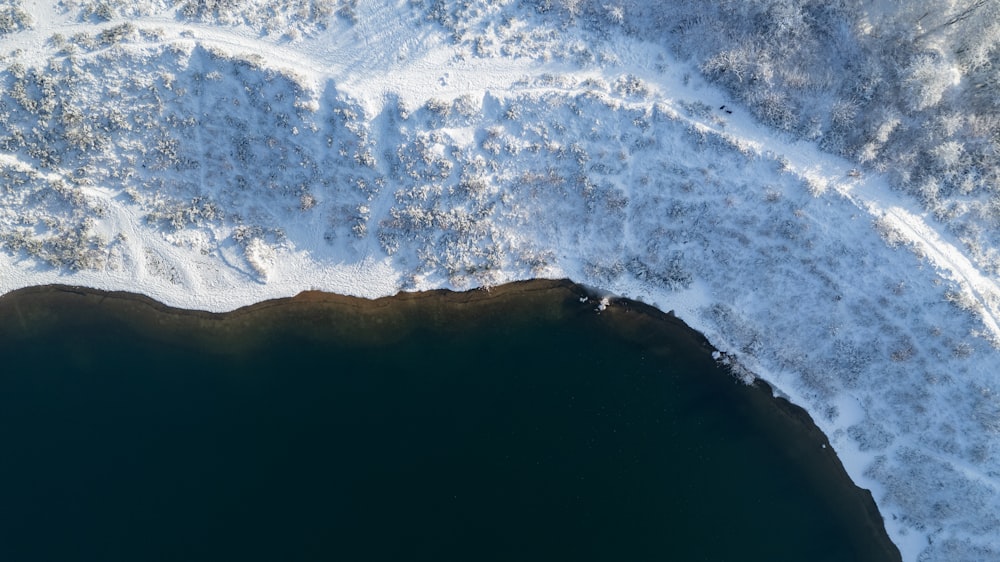 a large body of water surrounded by snow