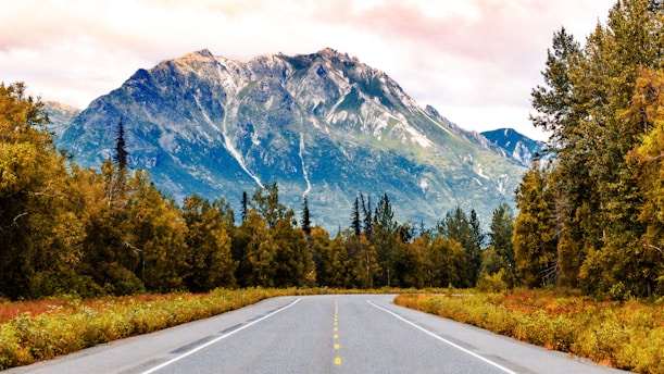 a road with a mountain in the background