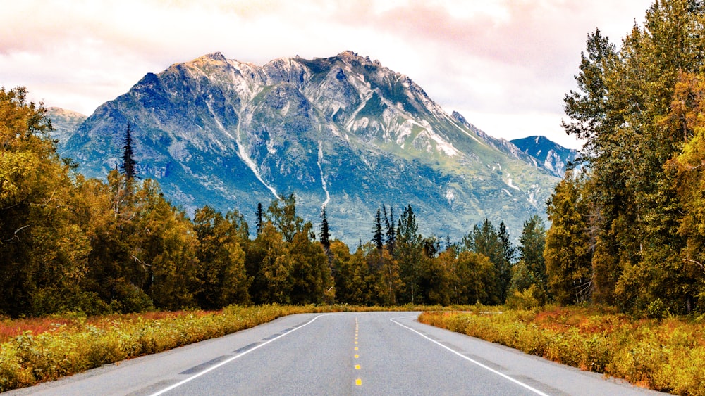 a road with a mountain in the background