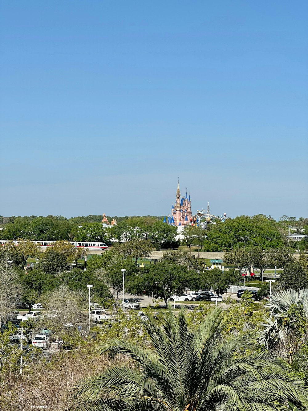 a view of a park with a castle in the background