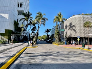 a city street with palm trees and a building