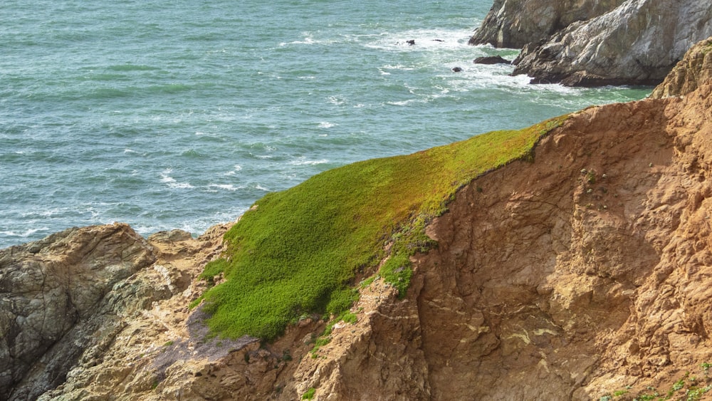 a rocky cliff with green moss growing on it