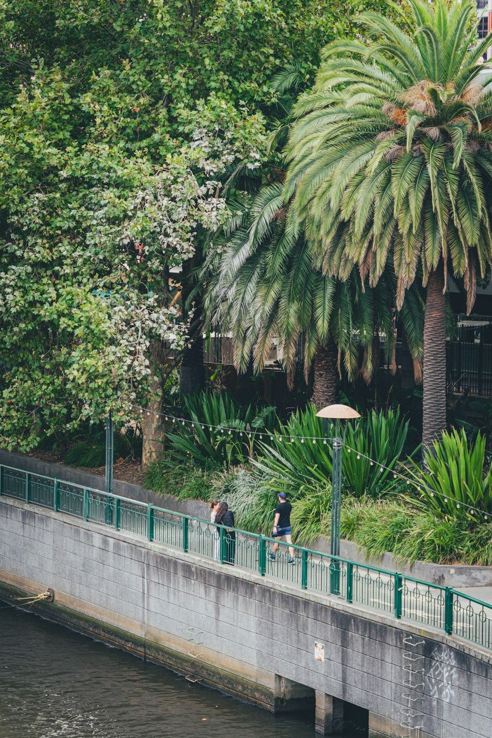 a couple of people walking across a bridge