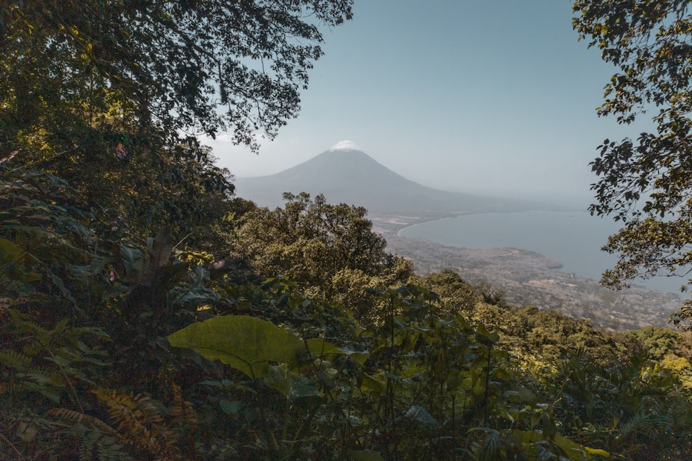 a view of a mountain with a lake in the distance