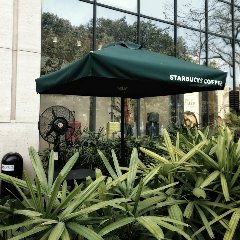 a green umbrella sitting in front of a building