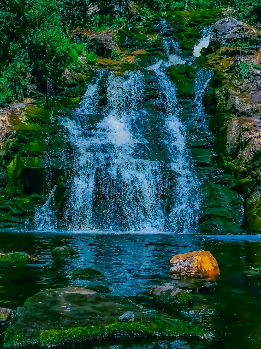 a small waterfall in the middle of a forest