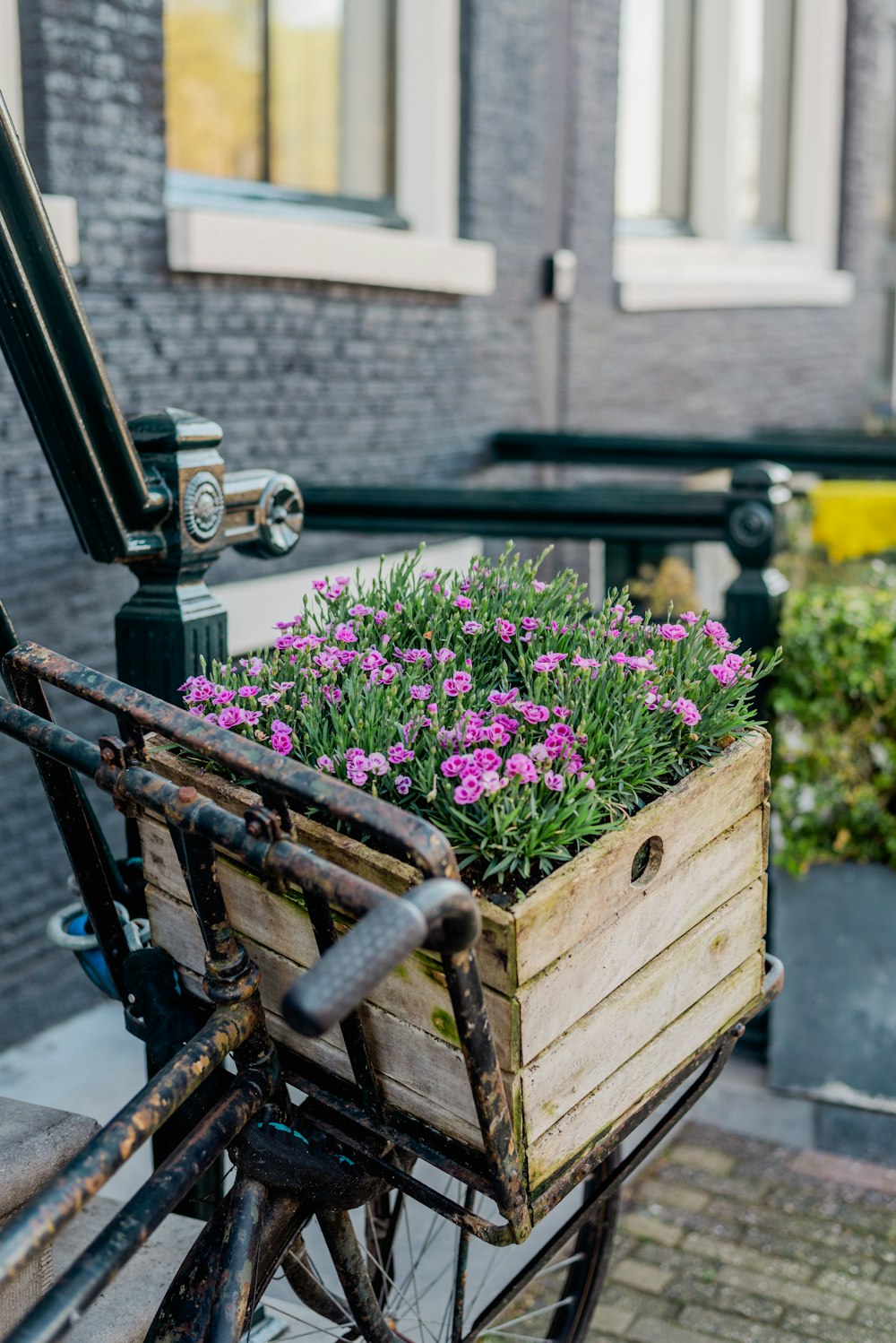 a bicycle with a wooden crate filled with flowers