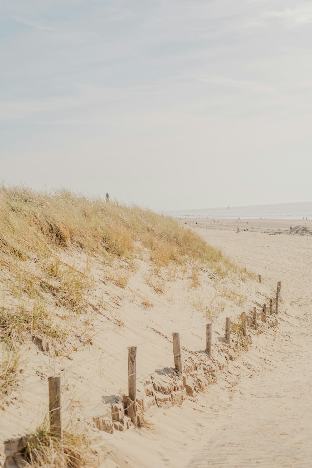 a sandy beach with a fence in the sand