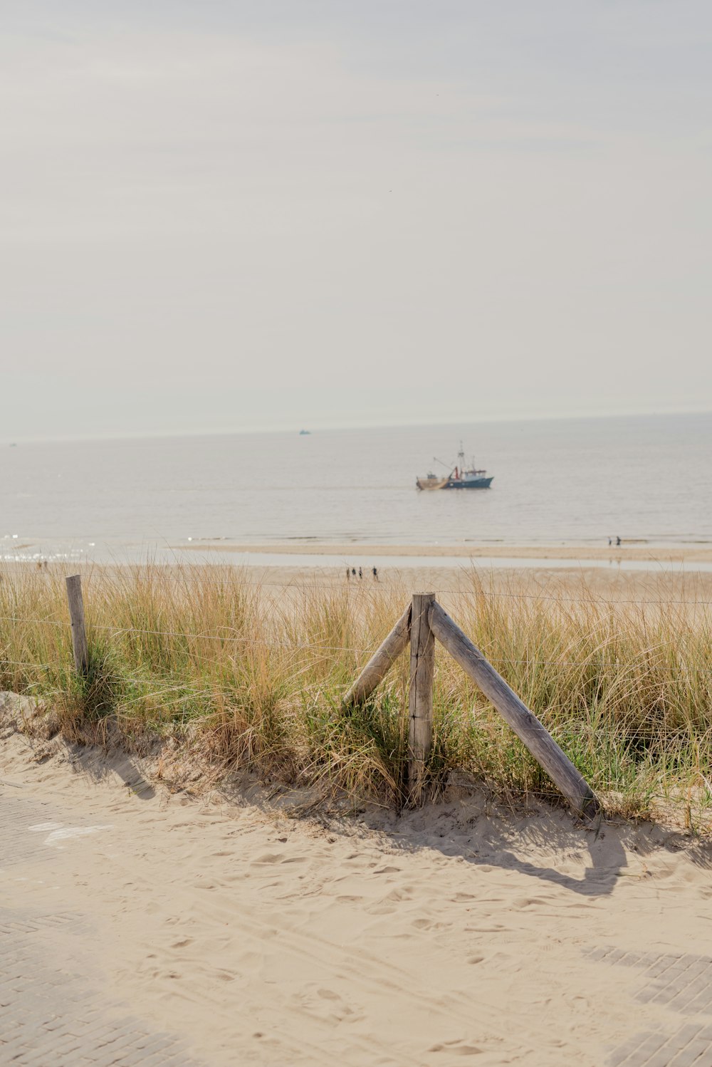 a beach with a boat in the distance