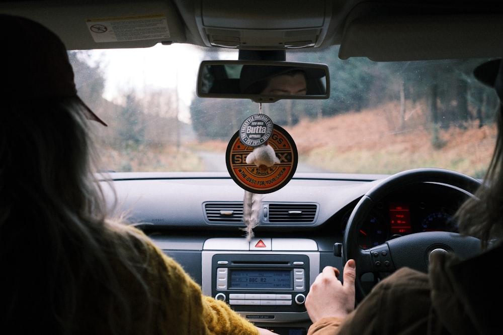 a woman driving a car with a bird on the dashboard