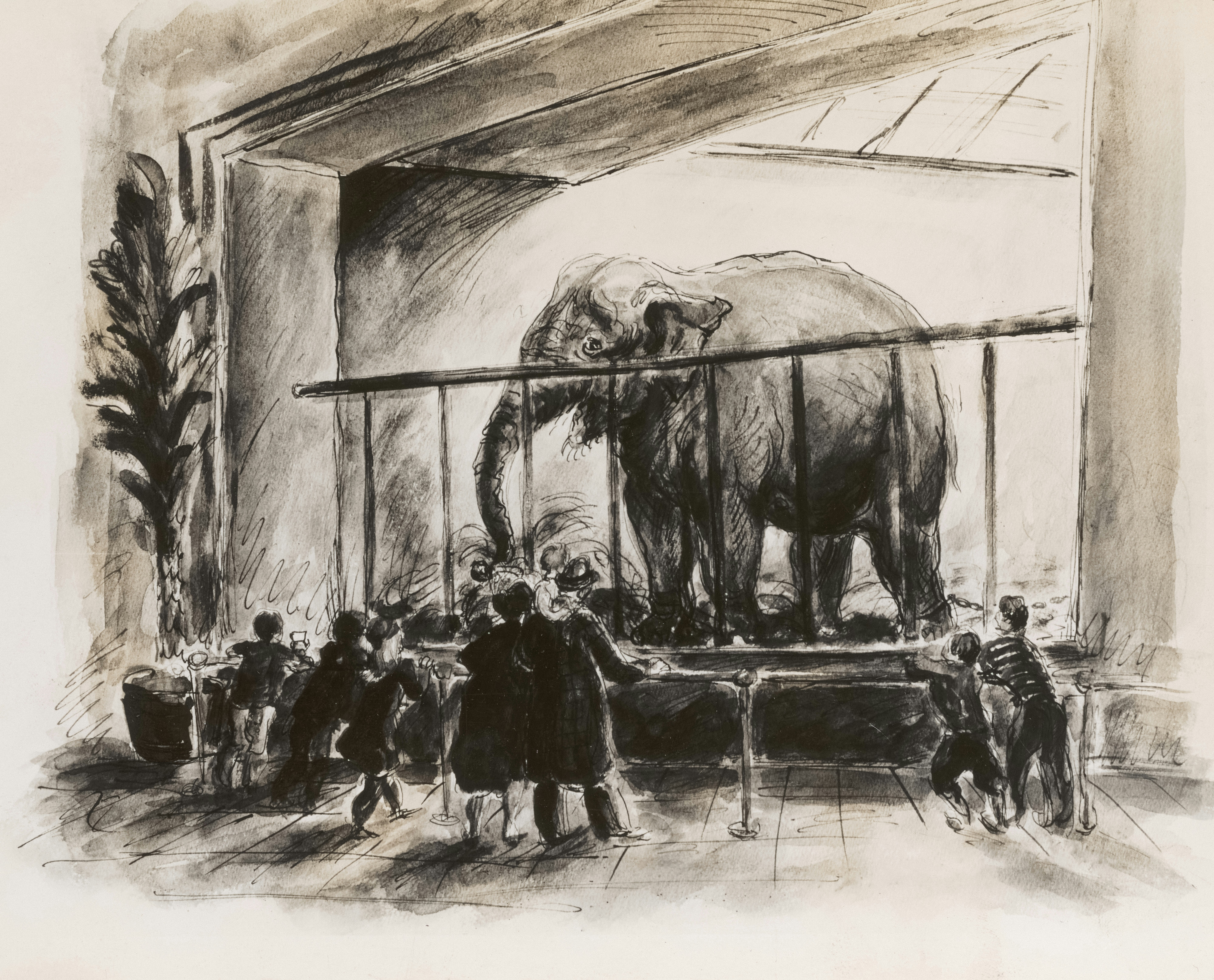 a black and white drawing of an elephant in a cage