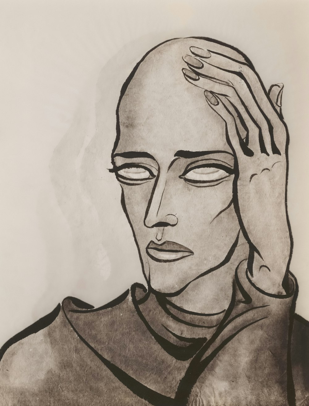 a drawing of a man holding his hand to his head