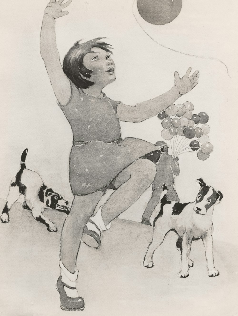 a drawing of a girl playing with balloons and a dog