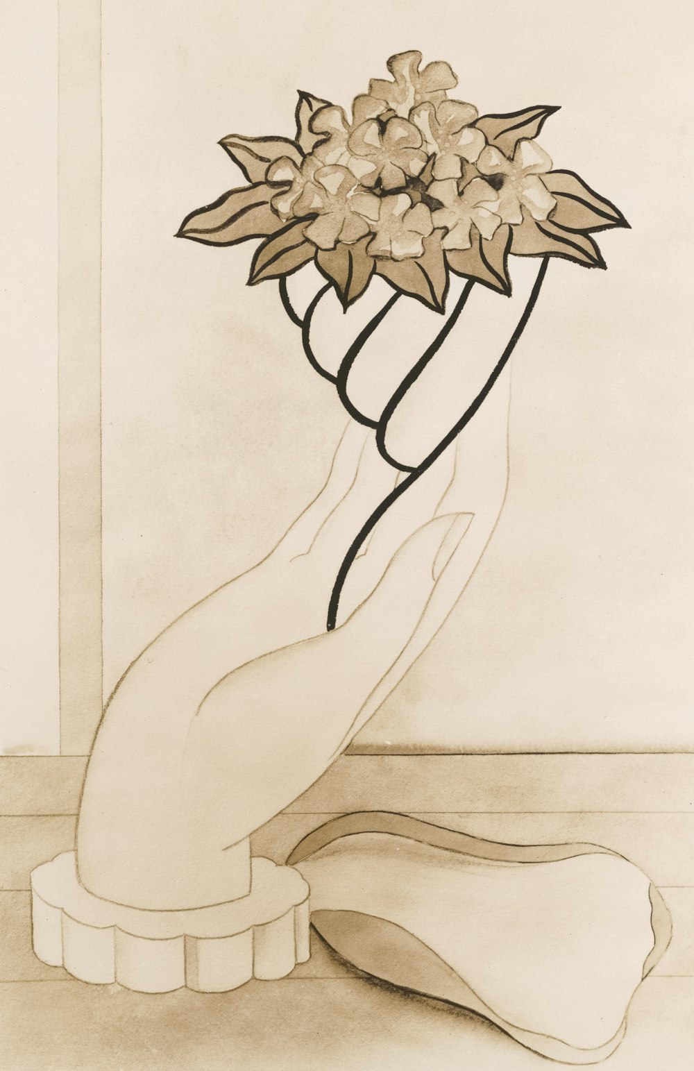 um desenho de uma mão segurando um buquê de flores