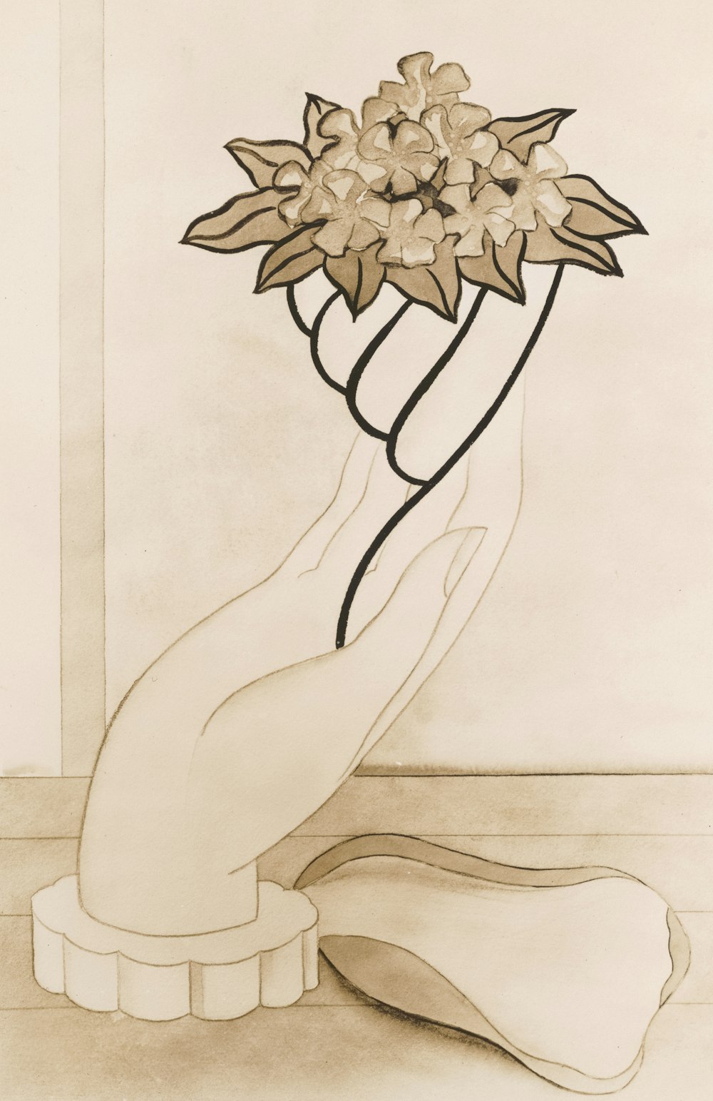 a drawing of a hand holding a bouquet of flowers