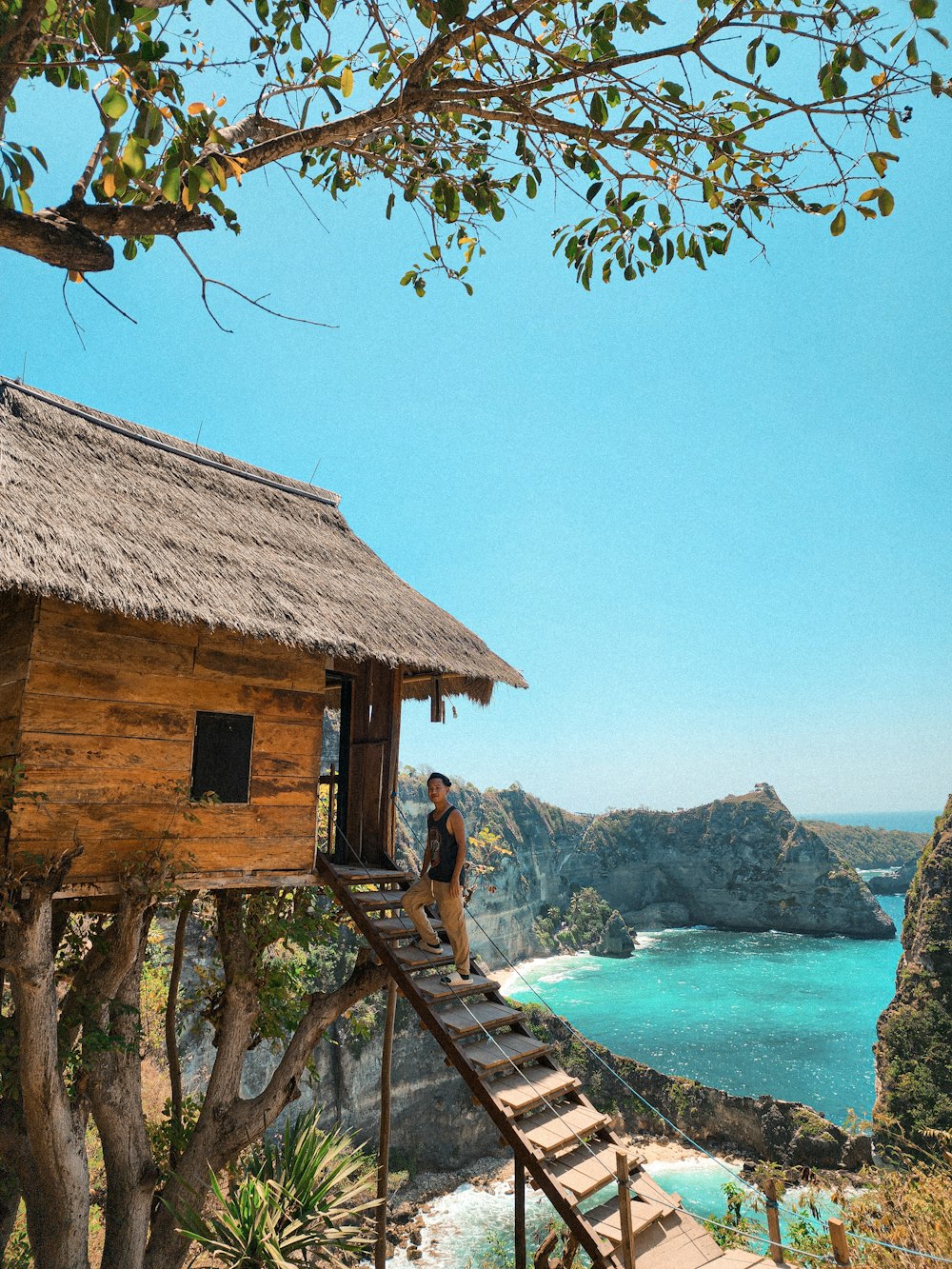 a man standing on a ladder next to a tree house