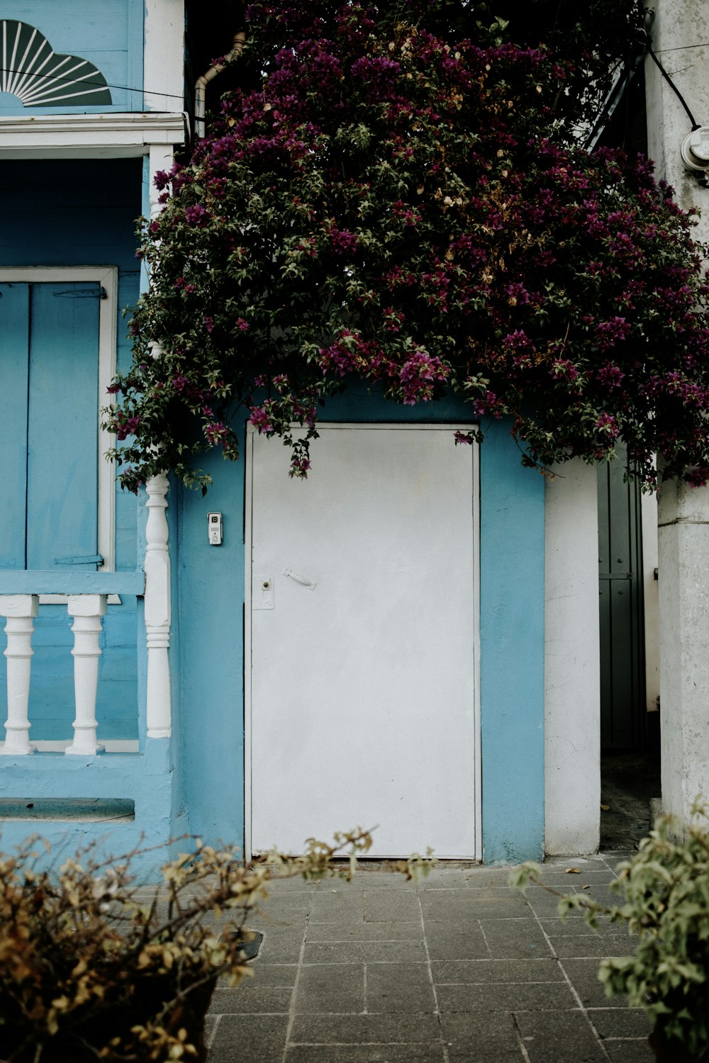 a blue building with a white door and window