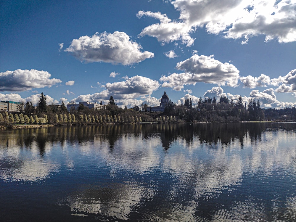 a body of water surrounded by trees and clouds