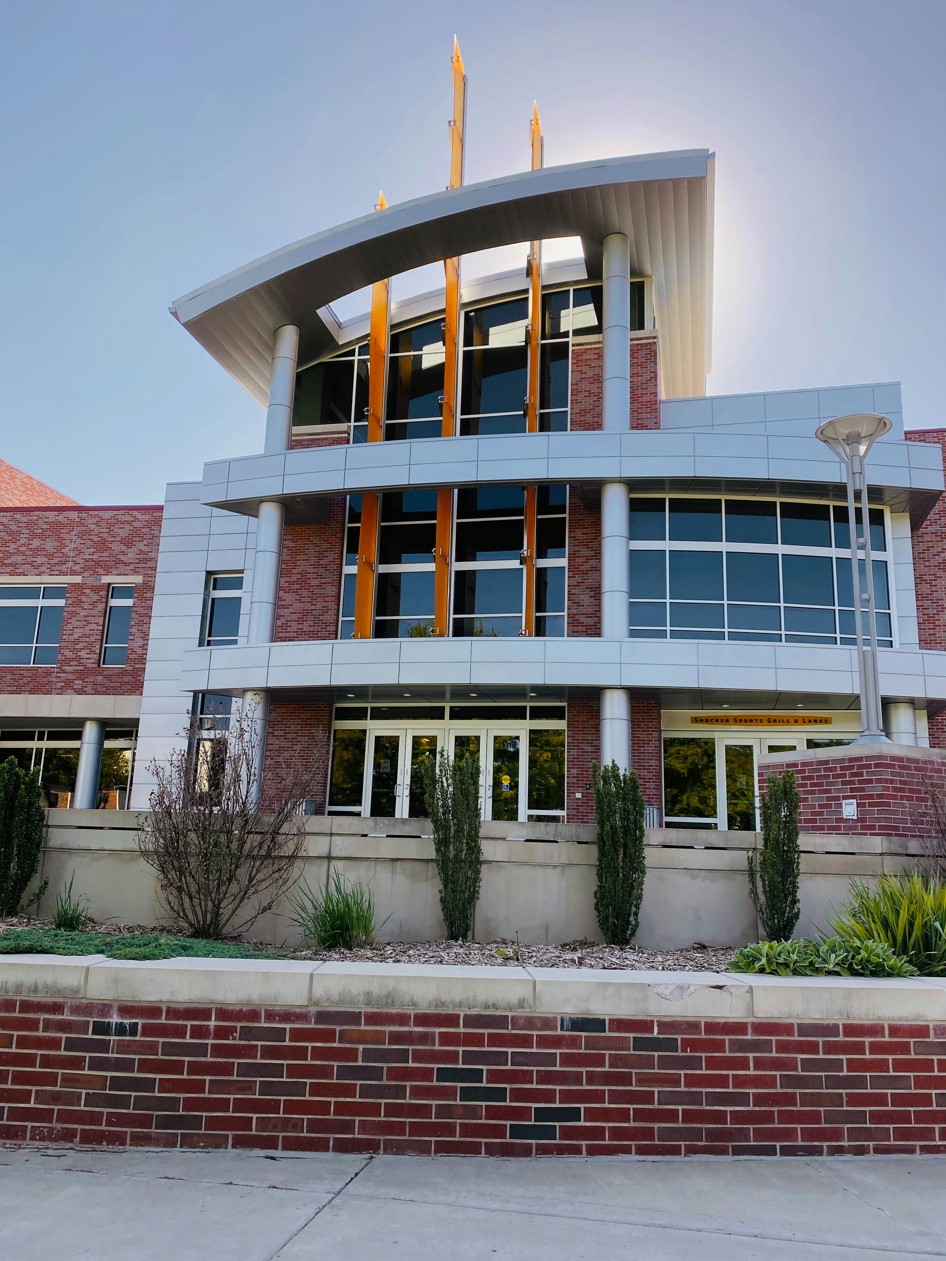 Commercial brick building exterior, modern architecture