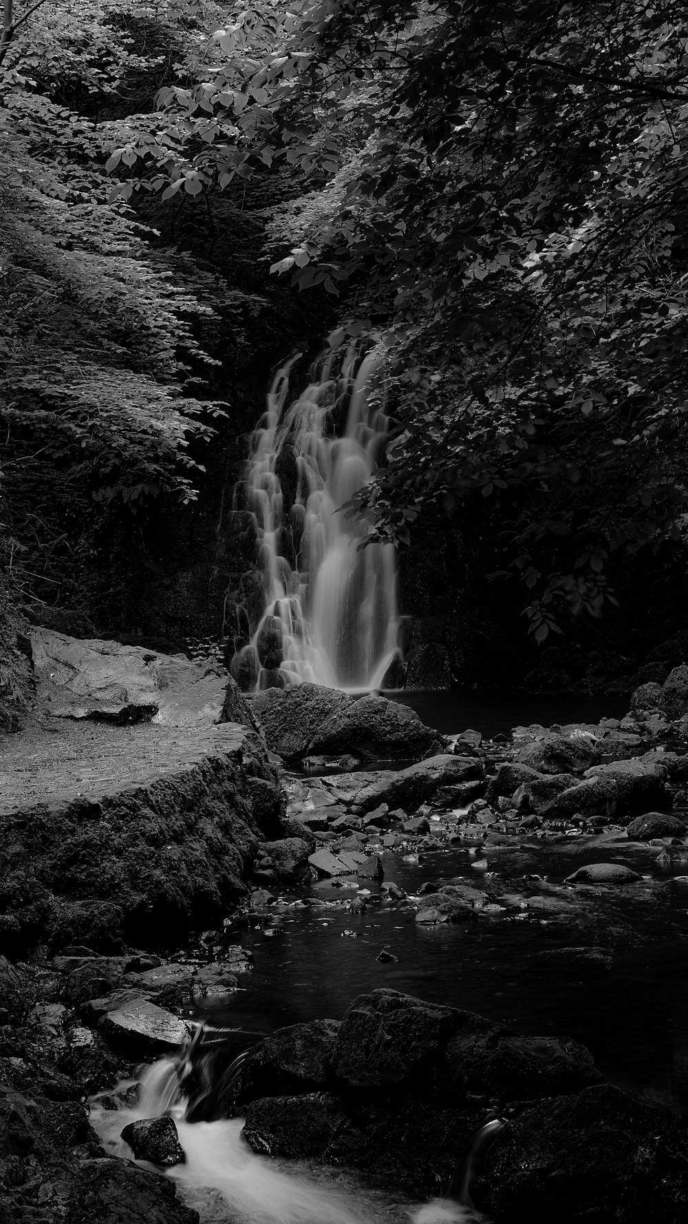 a black and white photo of a waterfall