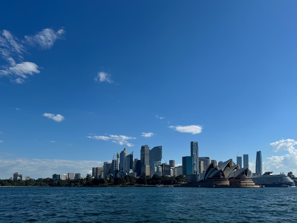 a large body of water with a city in the background