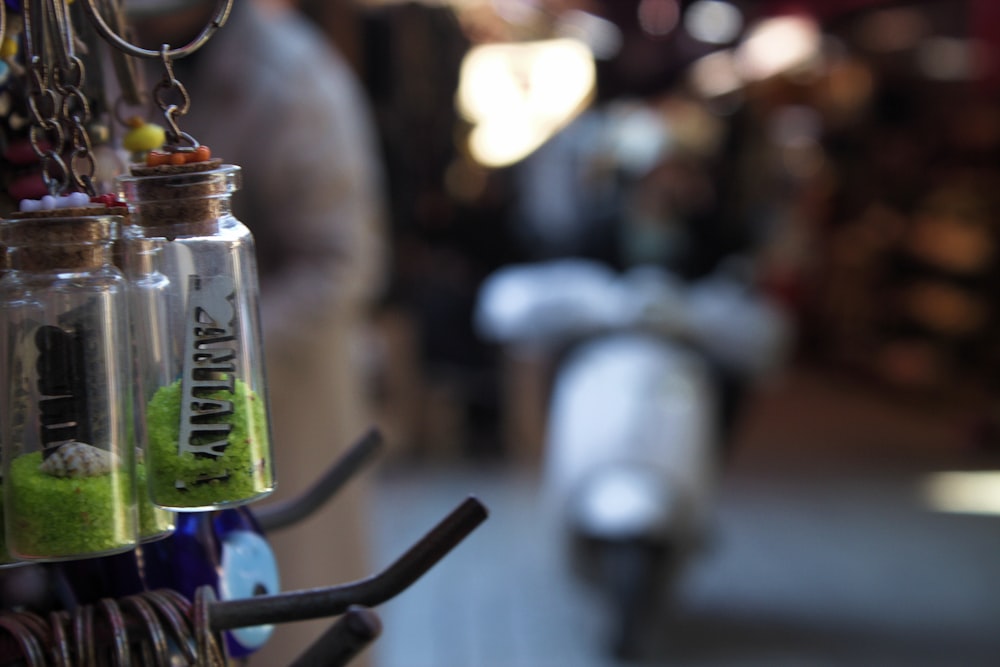 a motor scooter parked in front of a store